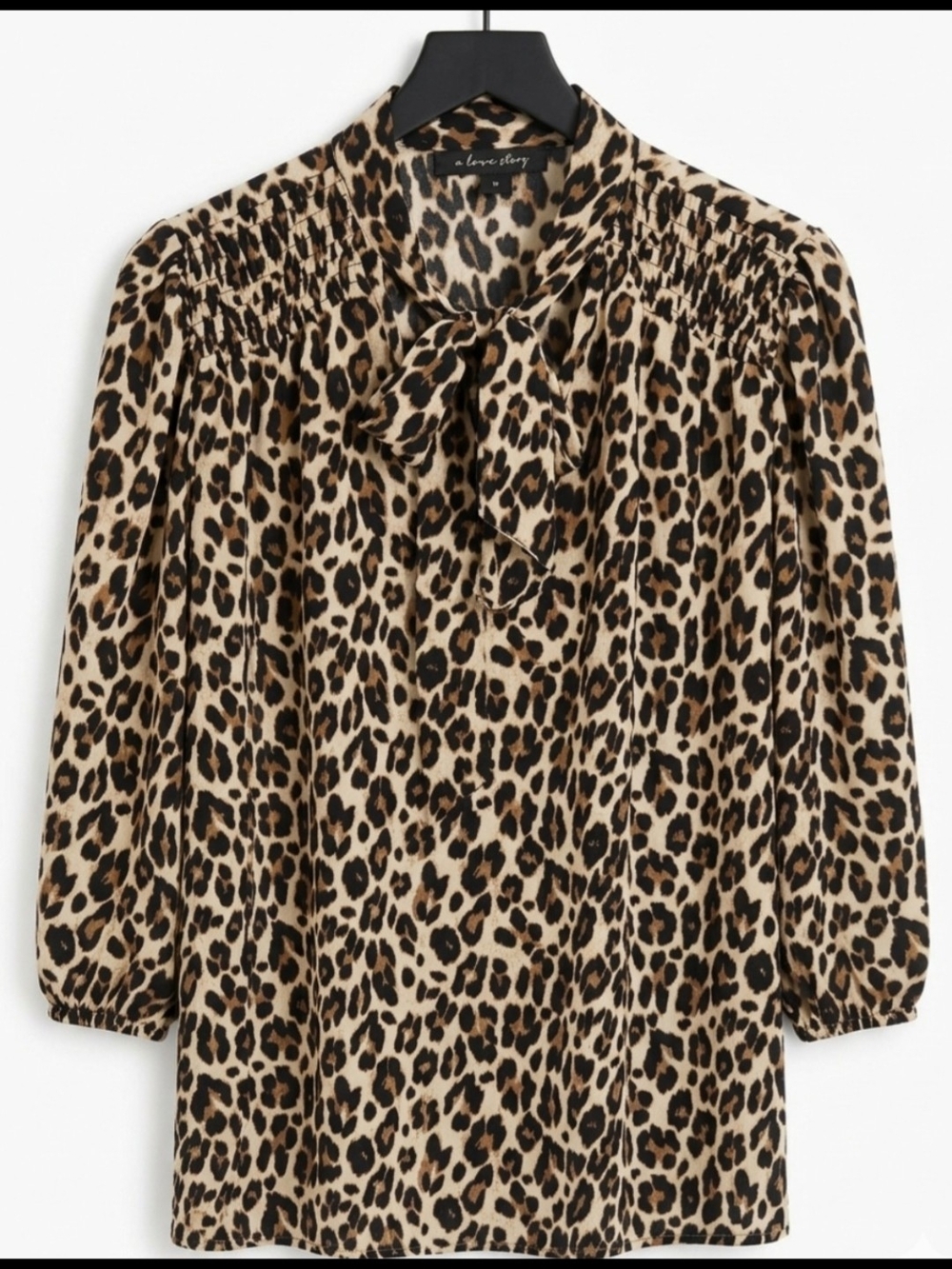 Tie-Neck Leopard Print Blouse in Beige and Black